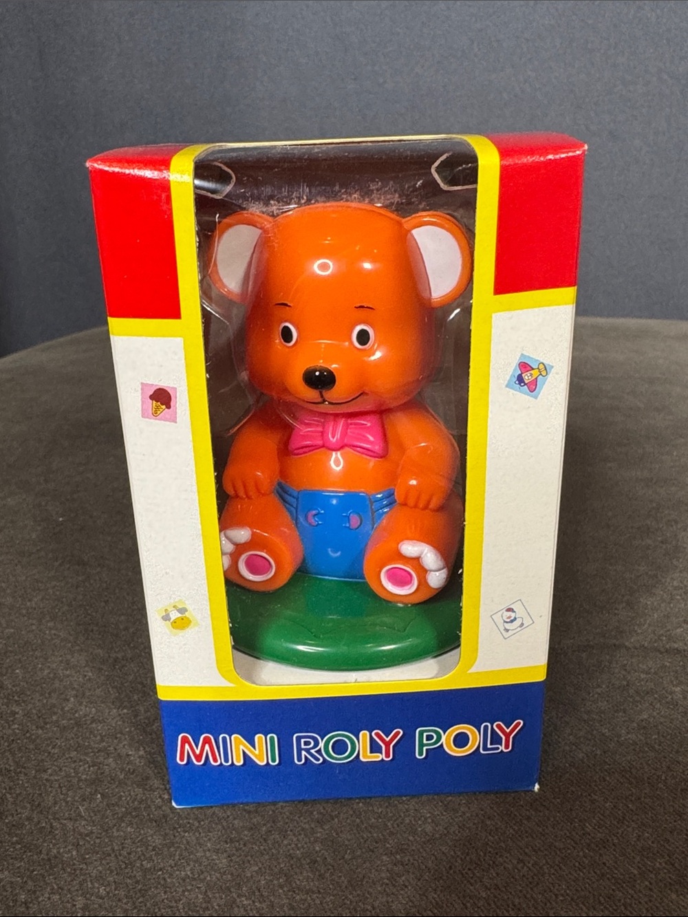 Vintage Orange Bear Mini Balancing Toy Roly Poly Green Rattle Base NEW OLD STOCK
